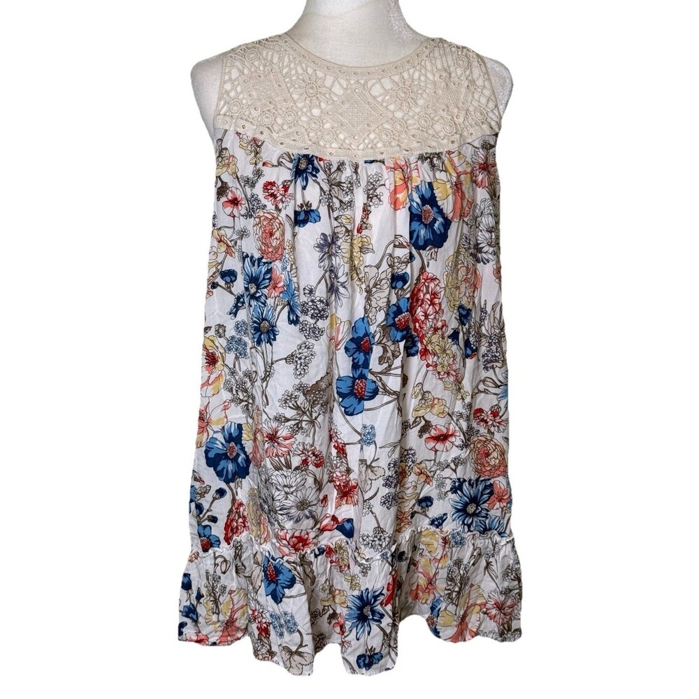 Women Cottagecore Floral Tunic Tank Top Crochet Lace Yoke Swing Ruffle Hem Sz Sm